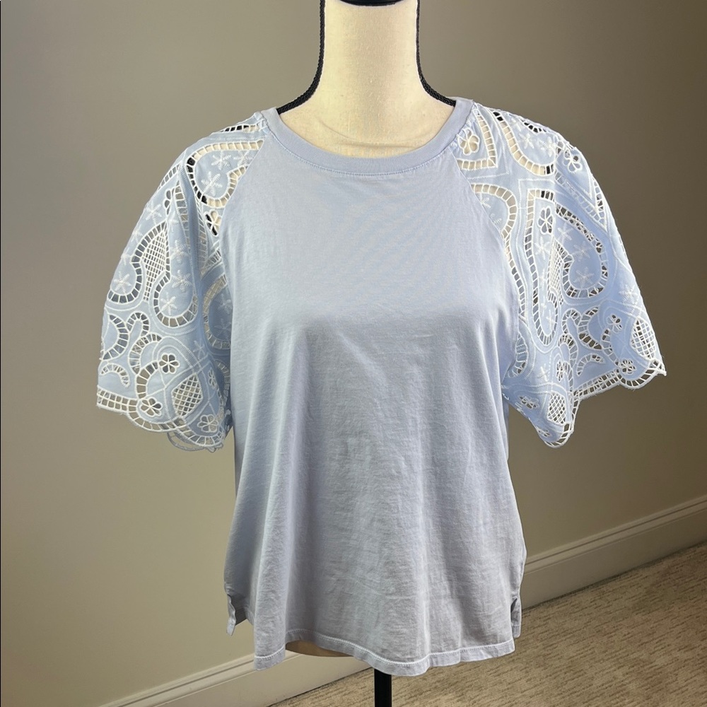 Light Blue Broderie Anglaise Lace Sleeve Tee Women’s 12 River Island Cotton